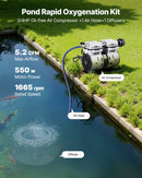 VEVOR Aérateur de Bassin 590 W Système d'Aération Lac jusqu'à 1,2 hectare Pompe à Air Étang Extérieure pour Circulation Oxygène en Eau Profonde, avec Compresseur Air, Diffuseur, Tuyau Lesté 30,5 m - image 3